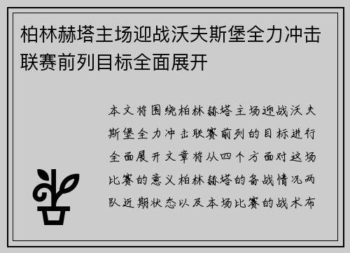 柏林赫塔主场迎战沃夫斯堡全力冲击联赛前列目标全面展开