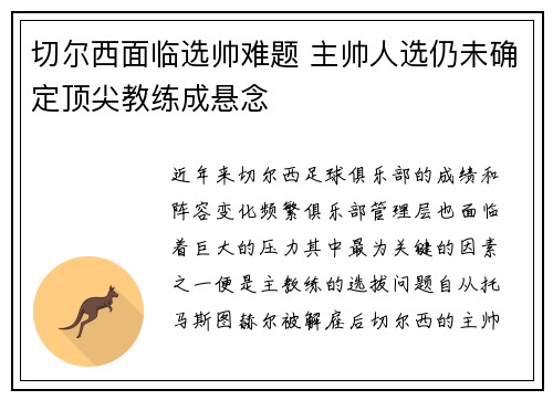 切尔西面临选帅难题 主帅人选仍未确定顶尖教练成悬念