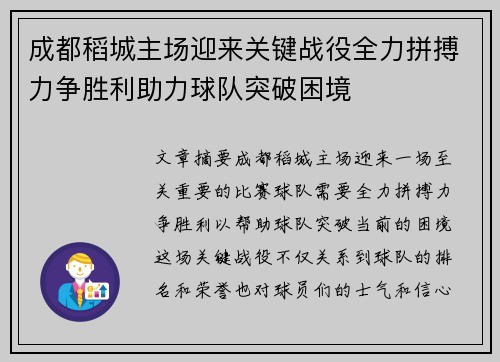成都稻城主场迎来关键战役全力拼搏力争胜利助力球队突破困境