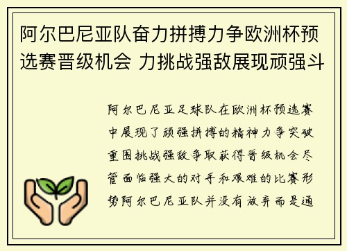 阿尔巴尼亚队奋力拼搏力争欧洲杯预选赛晋级机会 力挑战强敌展现顽强斗志
