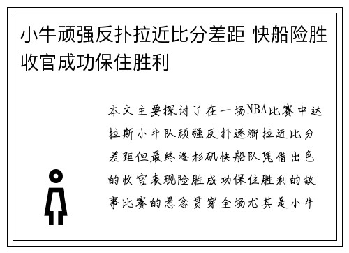 小牛顽强反扑拉近比分差距 快船险胜收官成功保住胜利