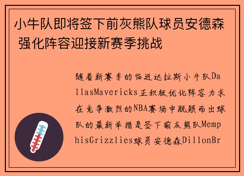 小牛队即将签下前灰熊队球员安德森 强化阵容迎接新赛季挑战